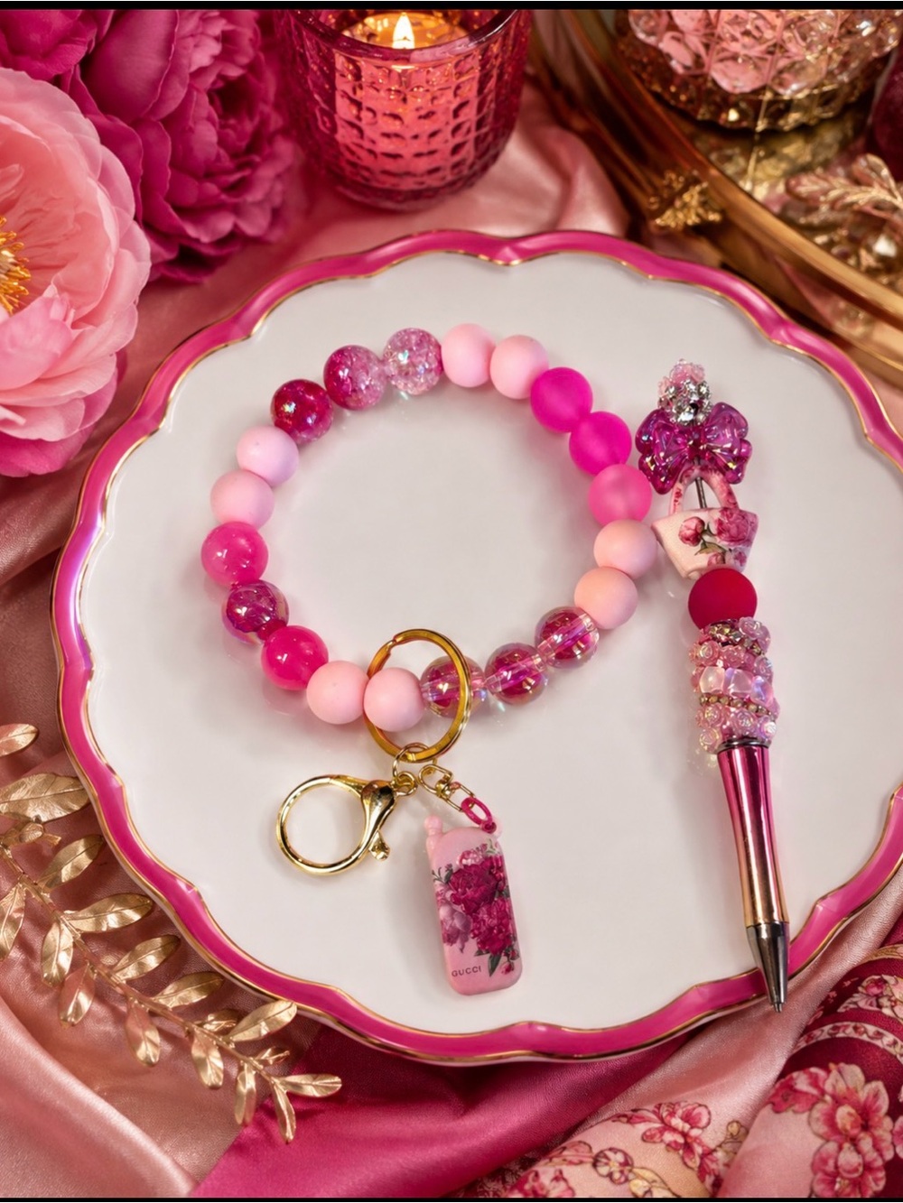 Hand Crafted Beaded Wristlet Keychain & Pen Set with Inspired Charms